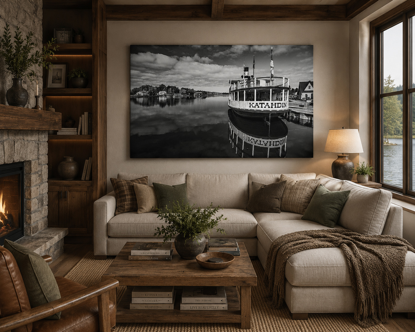 Black and white lake boat artwork displayed above a sofa in a warm residential room by Dan Sproul